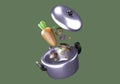 Metal pot and lid with vegetable or food 3d render isolate background.