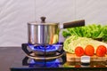 Metal pot vintage on the flame gas stove for boiling water Soup, Royalty Free Stock Photo