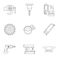 Metal processing tool icon set, outline style