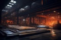 Metal production stored in warehouse of metallurgical plant, steel mill interior. Perspective inside dark storage of iron cast