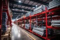 Metal production stored in warehouse of metallurgical plant, steel mill interior. Perspective view inside storage of iron cast Royalty Free Stock Photo