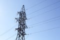 Metal pylon of a high voltage power line with lots of wires