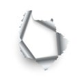 Metal ragged hole. Realistic torn metallic sheet. 3D broken texture template with copy space. Decorative grunge element