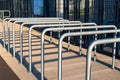 Metal railings in front of gates of Silesian Stadium in ChorzÃÂ³w, Poland. Row of steel rails.
