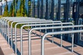 Metal railings in front of gates of Silesian Stadium in ChorzÃÂ³w, Poland. Row of steel rails.