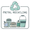 Metal recycling icons set with trash and lettering