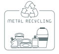 Metal recycling icons set with trash and lettering