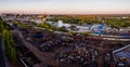 Metal recycling industry. Drone aerial view of scrap yard