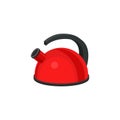 Metal red kettle with black plastic handle. Kitchen utensil. Flat vector element for promo poster or banner of household Royalty Free Stock Photo