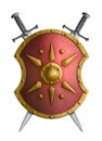 Metal red shield with golden star and crossed swords isolated 3d illustration