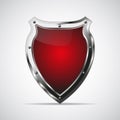 Metal red shield with shadow on a gray background. Vector illustration