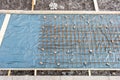 Metal reinforcement grid and wood frame for reinforced concrete basement construction Royalty Free Stock Photo