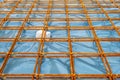 Metal reinforcement grid and wood frame for reinforced concrete basement construction Royalty Free Stock Photo