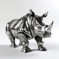 Metal Rhino Statue: Futuristic Precisionism Art With Chrome Reflections