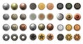 Metal rivets. Realistic antique bronze copper and steel round dress buttons. Vintage sewing accessory. Top view of Royalty Free Stock Photo