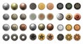 Metal rivets. Realistic antique bronze copper and steel round dress buttons. Vintage sewing accessory. Top view of various Royalty Free Stock Photo