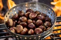 Metal roaster filled with fresh autumn chestnuts