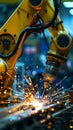 Metal robot arm working in factory warehouse on production line with sparks Royalty Free Stock Photo