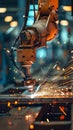 Metal robot arm working in factory warehouse on production line with sparks Royalty Free Stock Photo