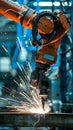 Metal robot arm working in factory warehouse on production line with sparks Royalty Free Stock Photo