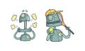 Metal Robot with Different Emotions as Cartoon Mechanical Android in Outline Style Vector Set Royalty Free Stock Photo