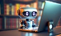 metal robot sits at a table with laptops in a library .ai Generated. The robot works with a laptop in the office