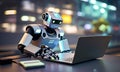 metal robot sits at a table with laptops in a office.ai Generated. The robot works with a laptop in the office.Working
