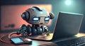 metal robot sits at a table with laptops in a office.ai Generated. robot works with a laptop in the office.Working