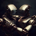 Metal robots hugging on a dark background, generative AI