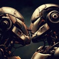 Metal robots kissing on a dark background, generative AI