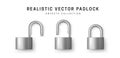 Metal robust secure padlock. Set of realistic padlocks in different states - open, closed. Isolated object. Padlock icon. Secret