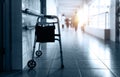 Metal rollator parked in hallway