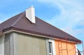 Metal roof construction with chimney installation, stucco, plastering and painting house wall. Metal Roofing Construction