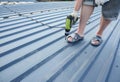 Metal roof installation. Roofing contractor is installing profile sheeting, paint coated metal roofing sheets on the house