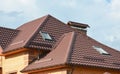 Metal roof with modern house attic construction with roof guttering and attic skylight window. Attic skylights. Royalty Free Stock Photo