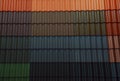 Metal roof tiles, roofing profile sheets, corrugated lightweight metal tiles of different colors display Royalty Free Stock Photo