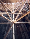 Metal Roof Truss. Large Rusted Old Steel Structure Truss On An Abandoned Building. Vertical Close Up Photo