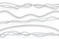 Metal rope, steel cord, silver twisted twines, cables or strings, 3d render set. Decorative sewing items or industrial