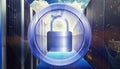 Metal round frame around padlock security with server data center background in technology and network concept