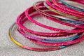 Metal, round, women`s multi-colored bracelets on a hand Royalty Free Stock Photo