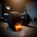 Metal rubberized dumbbells on a dark black floor. Bodybuilding and fitness.