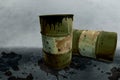 Metal rustic barrels with black liquid like oil drip on dirty World map background. Crude oil market or ecology and chemical Royalty Free Stock Photo