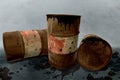 Metal rustic barrels with black liquid like oil drip on dirty World map background. Crude oil market or ecology and chemical Royalty Free Stock Photo