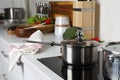 Metal saucepan on cooktop in kitchen. Cooking utensils Royalty Free Stock Photo