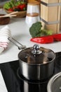 Metal saucepan on cooktop in kitchen. Cooking utensils Royalty Free Stock Photo