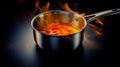 Metal saucepan with hot liquid on table against dark background. Royalty Free Stock Photo