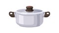 Metal saucepan. Stainless steel sauce pan, kitchen cooking utensil. Clean aluminum pot covered with glass lid