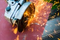 Metal sawing close up with angle grinder Royalty Free Stock Photo
