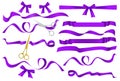 Metal scissors cutting purple violet silk ribbon. Realistic opening ceremony tapes Royalty Free Stock Photo