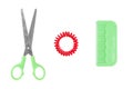 Metal scissors, green plastic comb, red scrunchie white background isolated closeup, hair brush, steel shears, hair band